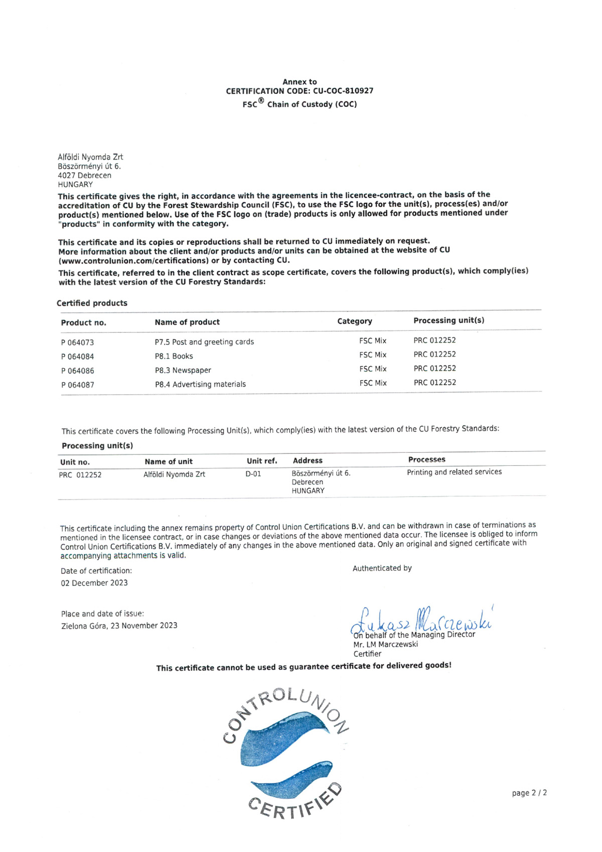 Certificate FSC
